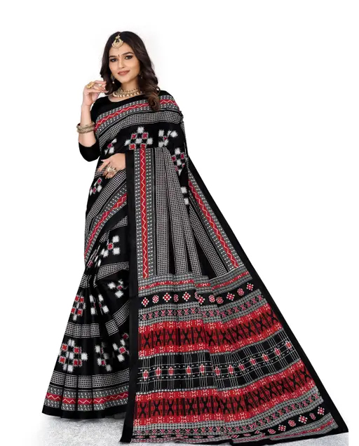 Sambalpuri Printed  Black Cotton Saree