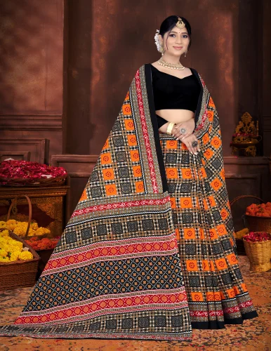 Sambalpuri Cotton Saree in Orage Color, Block Design