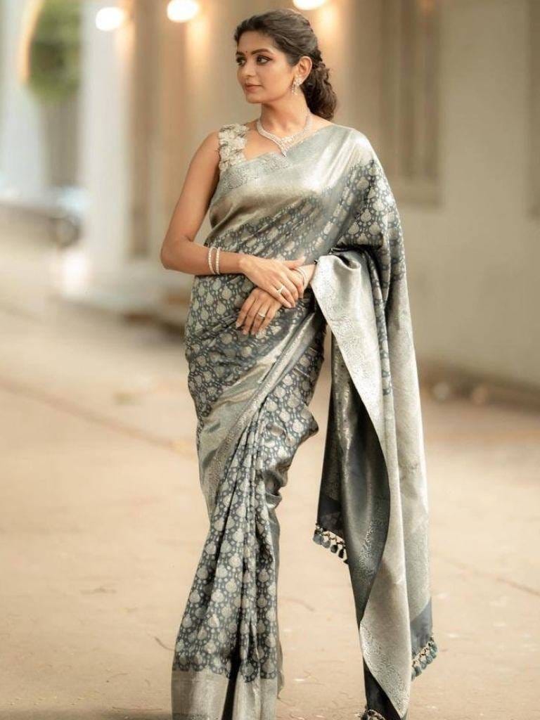 Banarasi Soft Silk Stylish Grey Saree For Women