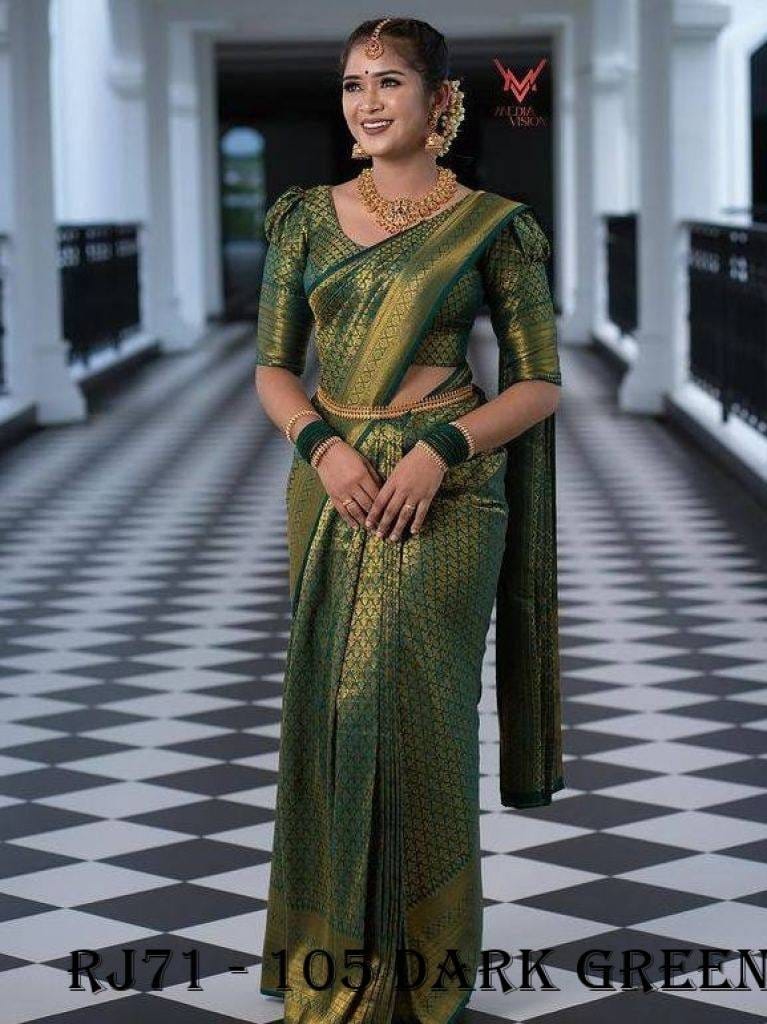 Dark Green Banarasi Soft Silk Saree With Zari Weaving Work