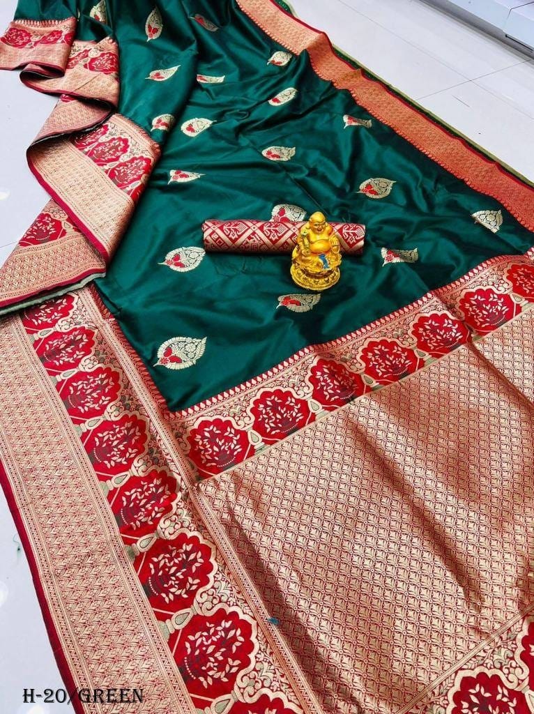 Beautiful Silk Jacquard Dark Green Saree With Unstitched Blouse