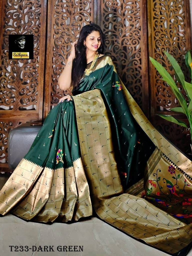 Gold Foil Border Dark Green Kanjivaram Silk Paithani Saree