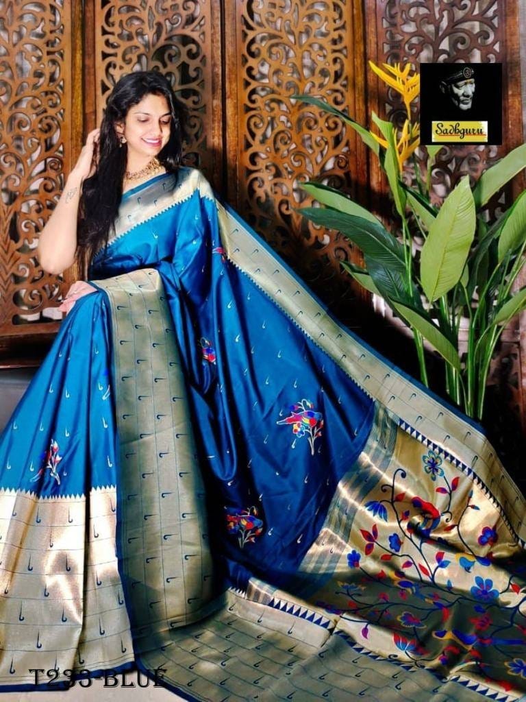 Blue Kanjivaram Silk Paithani Saree With Gold Foil Border