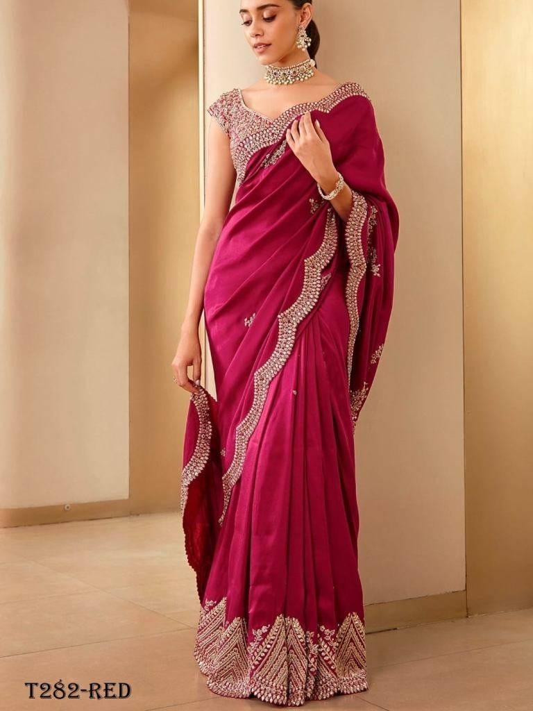 Fancy Designer Red Vichitra Silk Saree