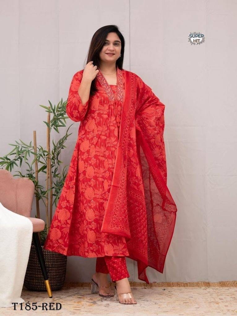 Beautiful Red Pure Cotton Kurti Pant Set