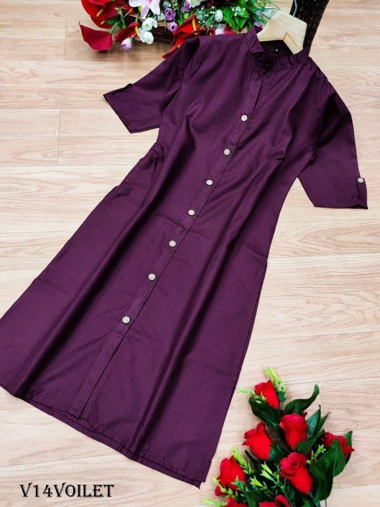 Voilet Wooden Button With Pocket Cotton Kurti