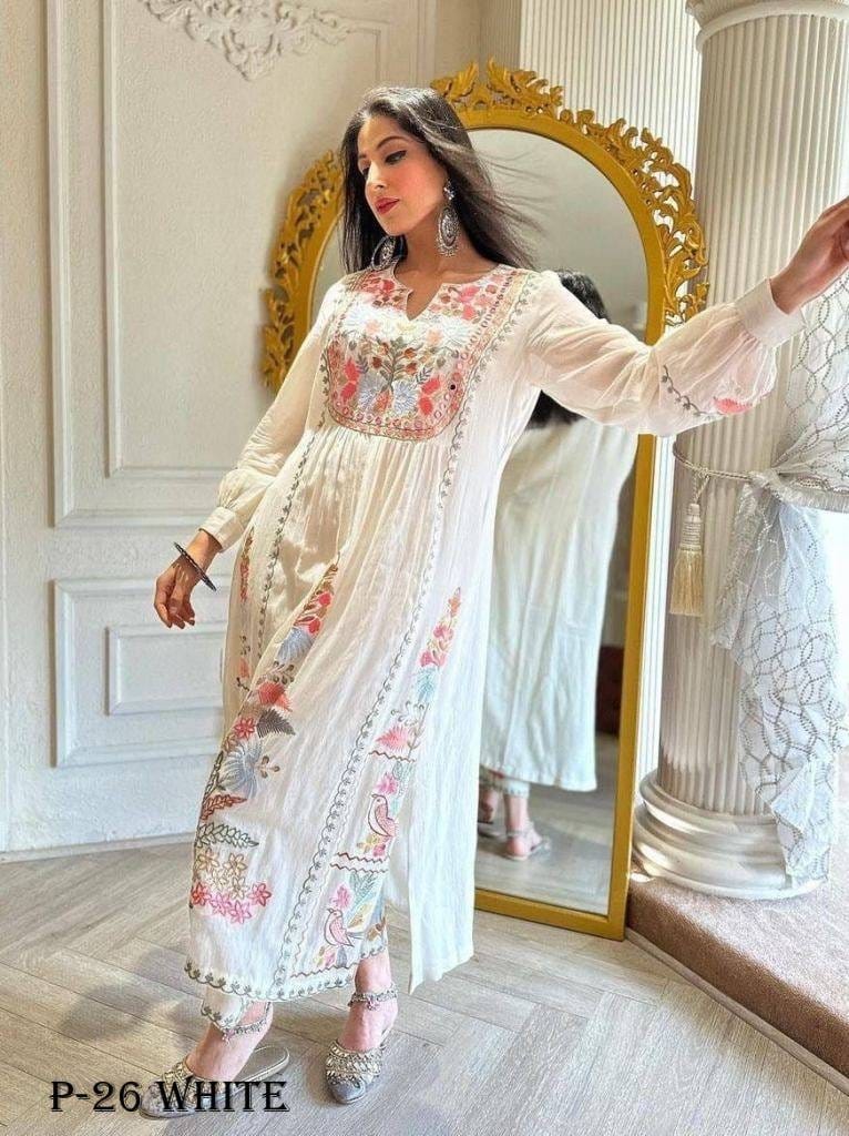 Georgette Pearl White Embroidered Work Kurti Pant Set With Dupatta