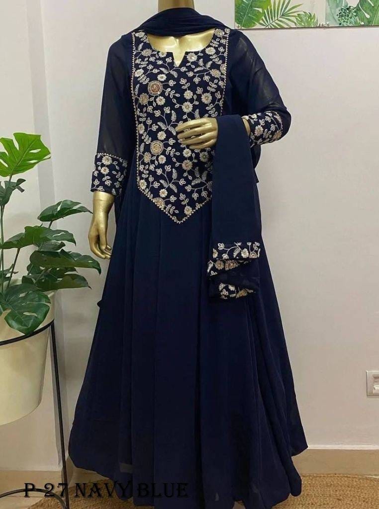 Party Wear Georgette Navy Blue Kurti With Dupatta