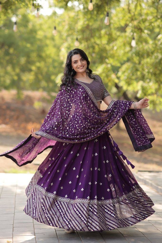 TimeLess Beauty Purple Sequins Thread Embroidered Work Lehenga Choli Dupatta Set