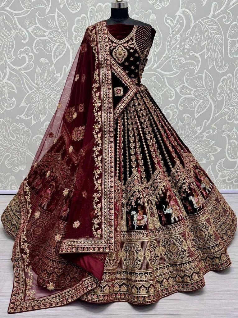 Dark Maroon Bollywood Bridal Velvet Lehenga Choli With Beautiful Neck Work