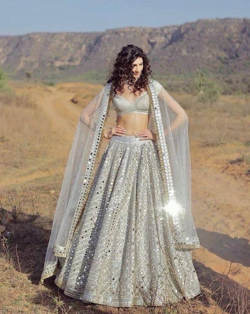 Launching New Silver Colour Mono Satin Silk Lehenga With Foil Mirror