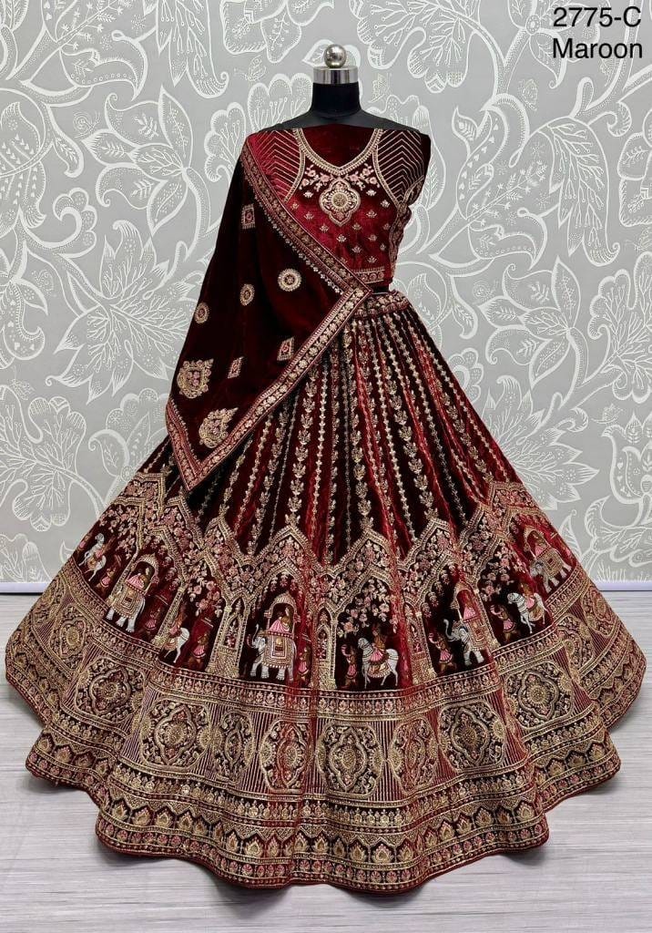 Maroon Bollywood Bridal Velvet Lehenga Choli With Beautiful Neck Work