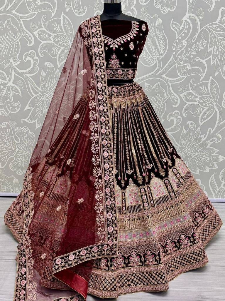 Dark Maroon Celebrity Bridal Velvet Lehenga Choliark 