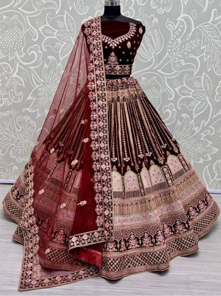 Maroon Celebrity Bridal Velvet Lehenga Choli