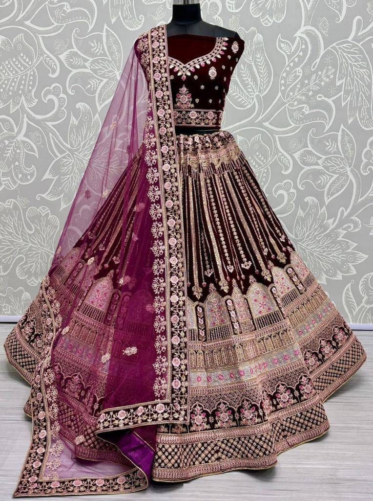 Wine Celebrity Bridal Velvet Lehenga Choli