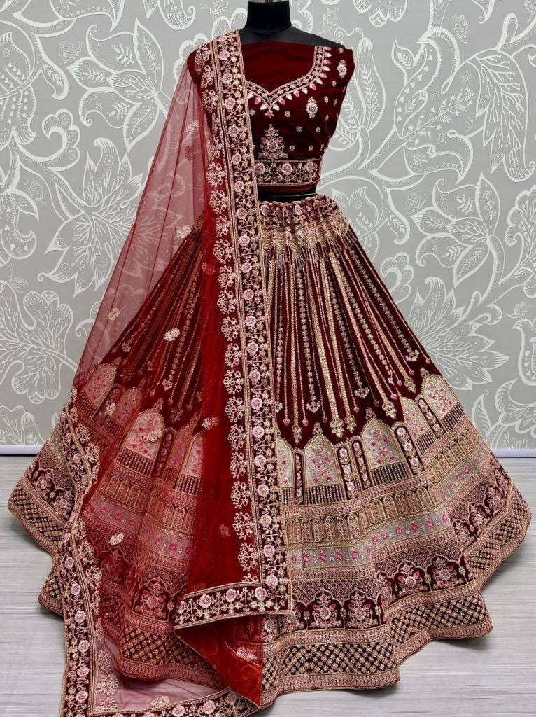 Red And Maroon Celebrity Bridal Velvet Lehenga