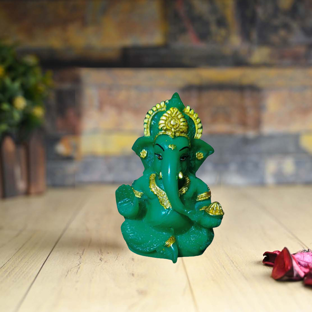 Green Color Ganesh Ji Idol Statue for Car Dashboard, Home Décor, Gifting for Birthday, Anniversary Showpiece 3.5