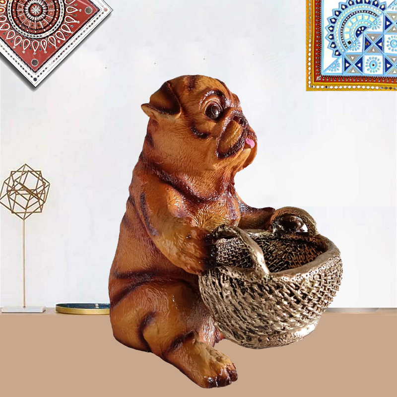 Sitting Dog With Basket Statue for  Home Décor, Office Décor, Gifting for Birthday, Anniversary Showpiece 8.5