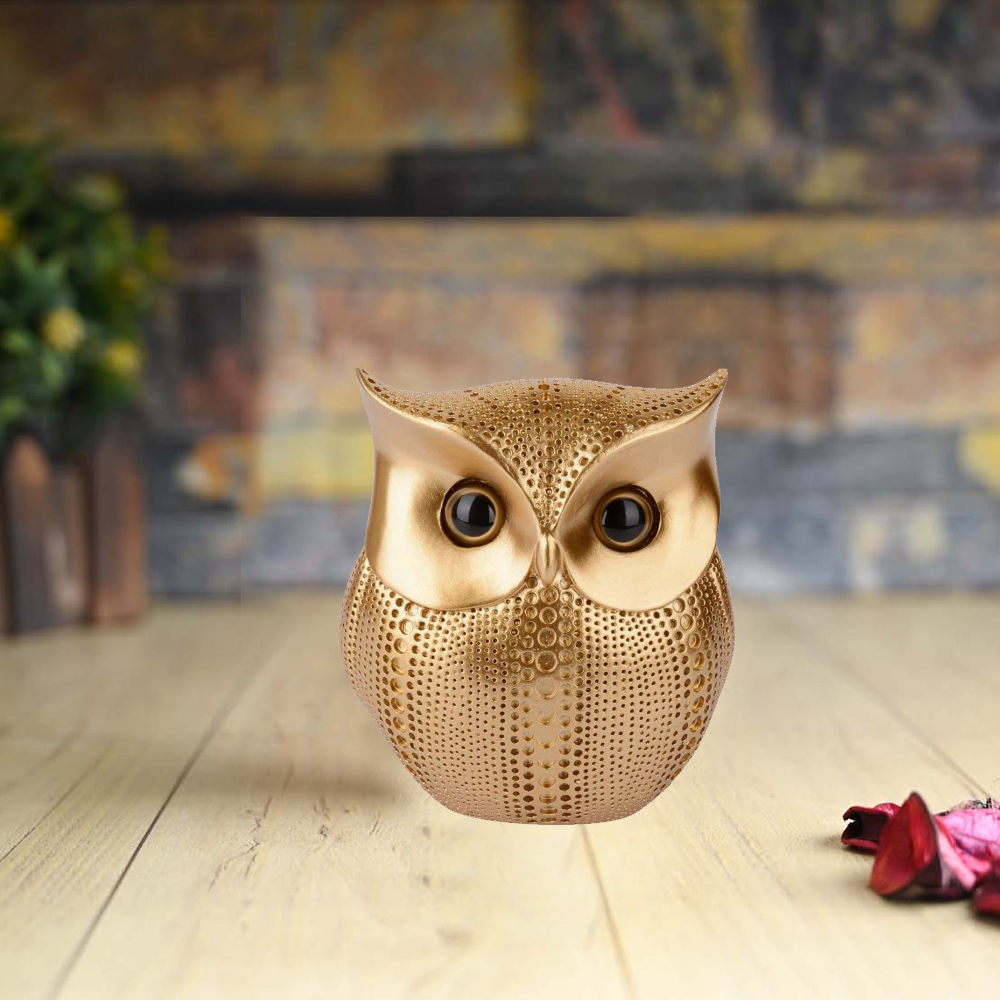 Modern Classy Lucky Golden Color Owl Resin Art Figure Decorative Showpiece 6 inch - For Home and Office Decoration 