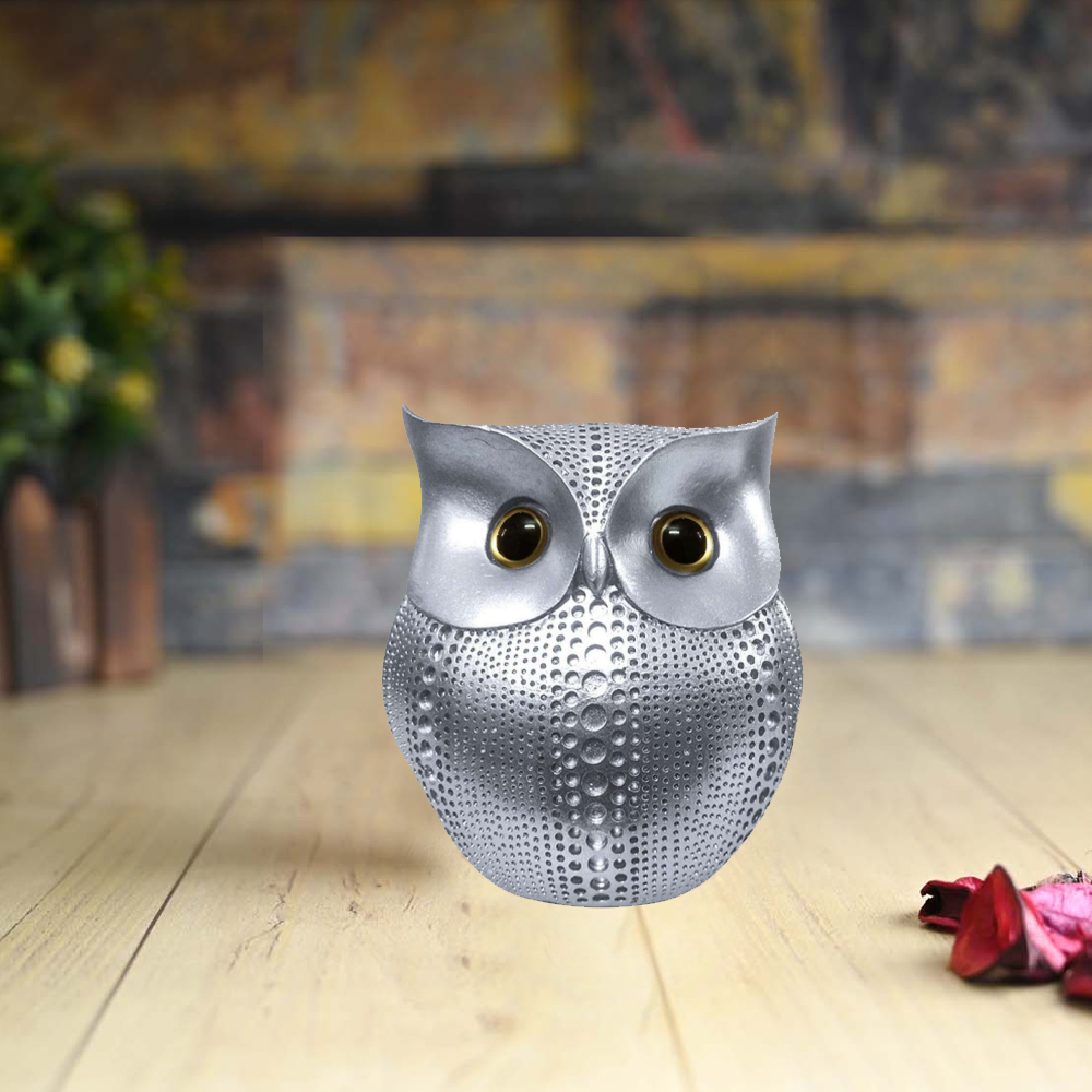 Modern Classy Lucky Silver Color Owl Resin Art Figure Decorative Showpiece 11 inch - For Home and Office Decoration 