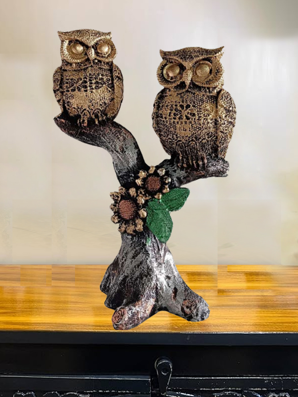 Two Golden Color Owl On The Tree Resin Art Figure Decorative Showpiece 11 inch - For Home and Living Room