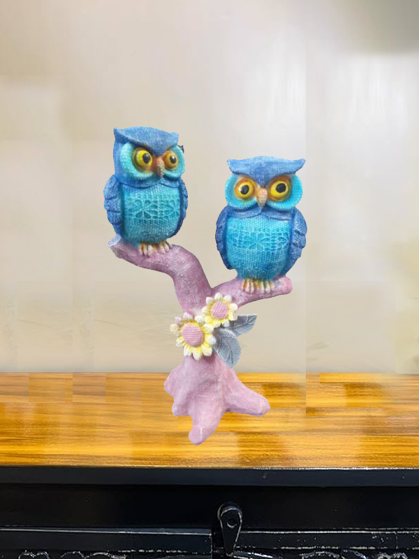 Two Multi Color Owl On The Tree Resin Art Figure Decorative Showpiece 11 inch - For Home and Living Room