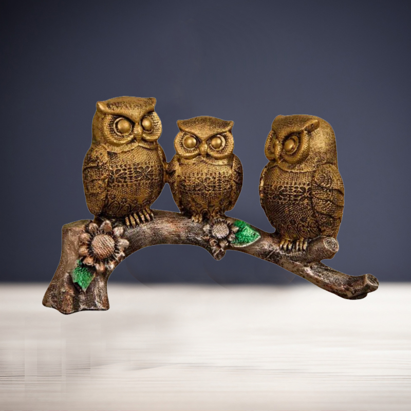 Three Golden Color Owl On The Tree Resin Art Figure Decorative Showpiece 11 inch - For Home and Living Room