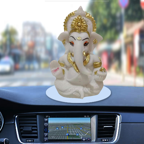 White Color Ganesh Ji Idol Statue for Car Dashboard, Home Décor, Gifting for Birthday, Anniversary Showpiece 3.5