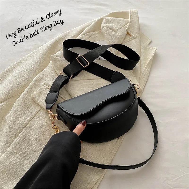 Classy Broad Belt & Short Chain Belt Double Belt Sling Bag