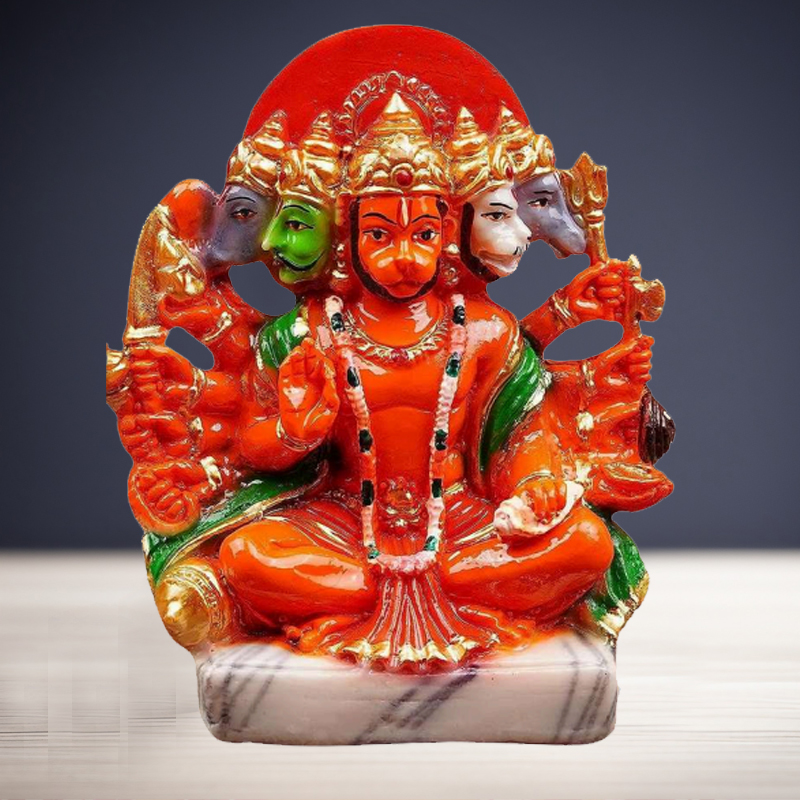 Red Color Pancha Mukhi Sitting Hanuman for Home Décor, Office Decor, Worship, Puja Room Showpiece 6 inch