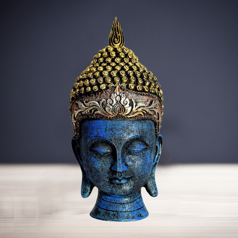 Buddha Head in Blue and Golden Color for Home Décor, Office Decor,  Gifting for Birthday, Anniversary Showpiece 10 inch