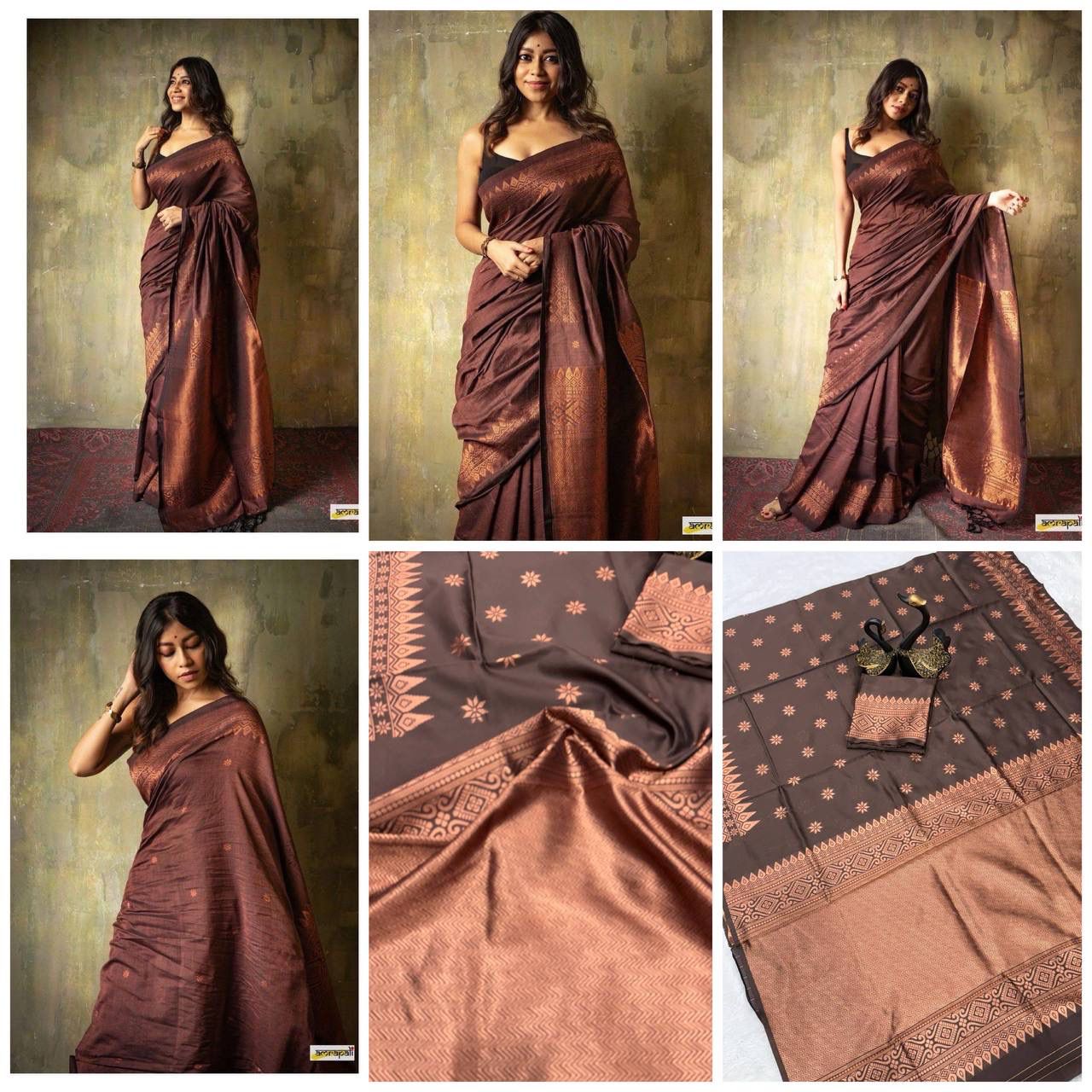 Breathable Organic Banarasi Sarees color in chocolate