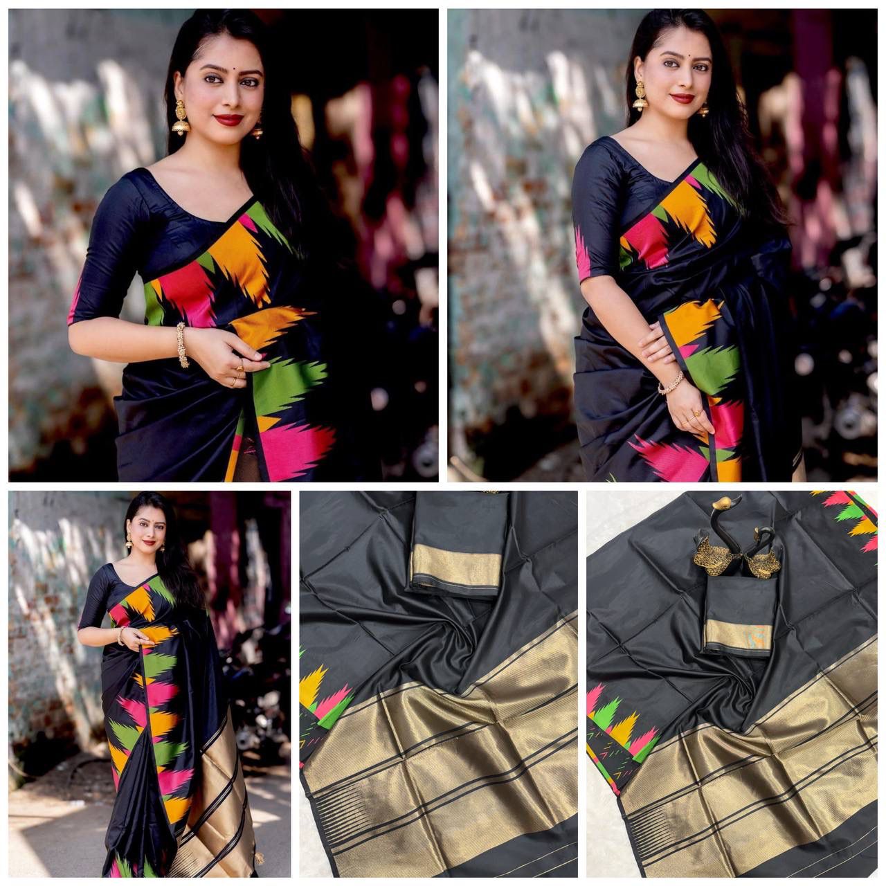 Breathable Organic Banarasi Sarees color in Black stripe