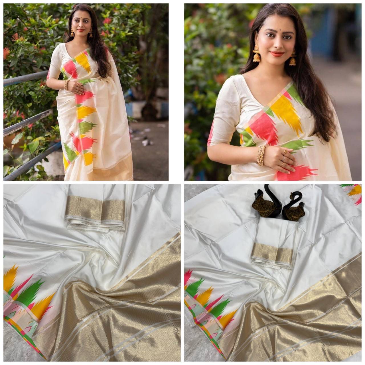 Breathable Organic Banarasi Sarees color in White stripe